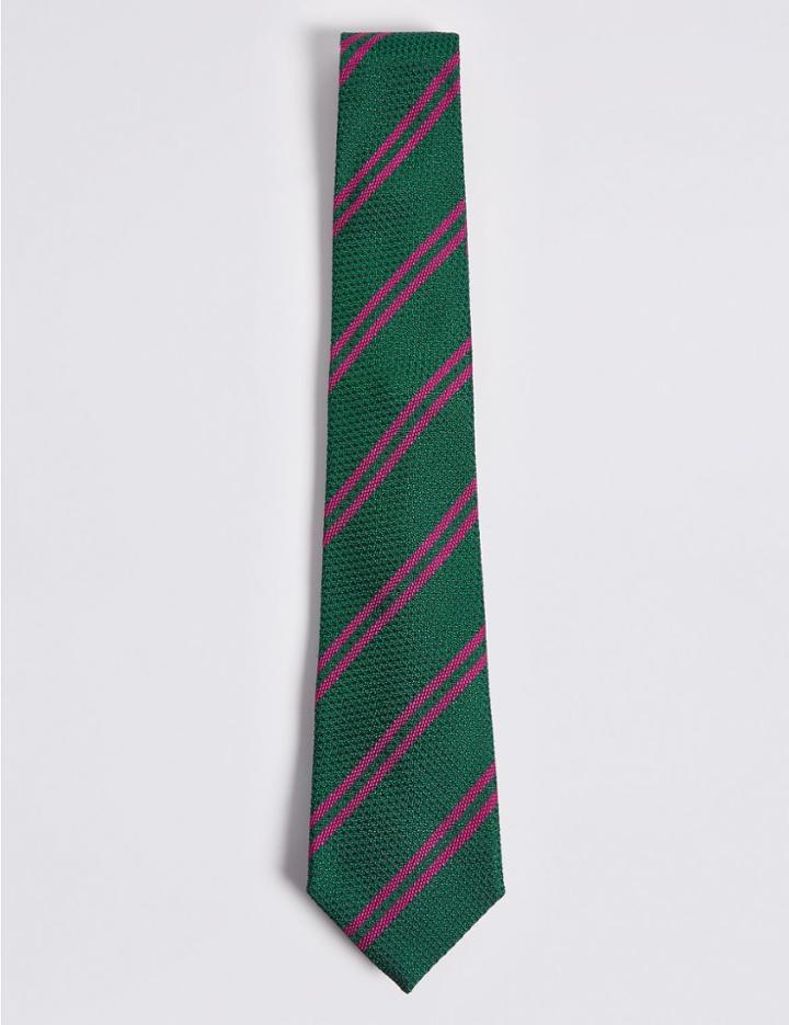 Marks & Spencer Pure Silk Textured Stripe Tie Green Mix