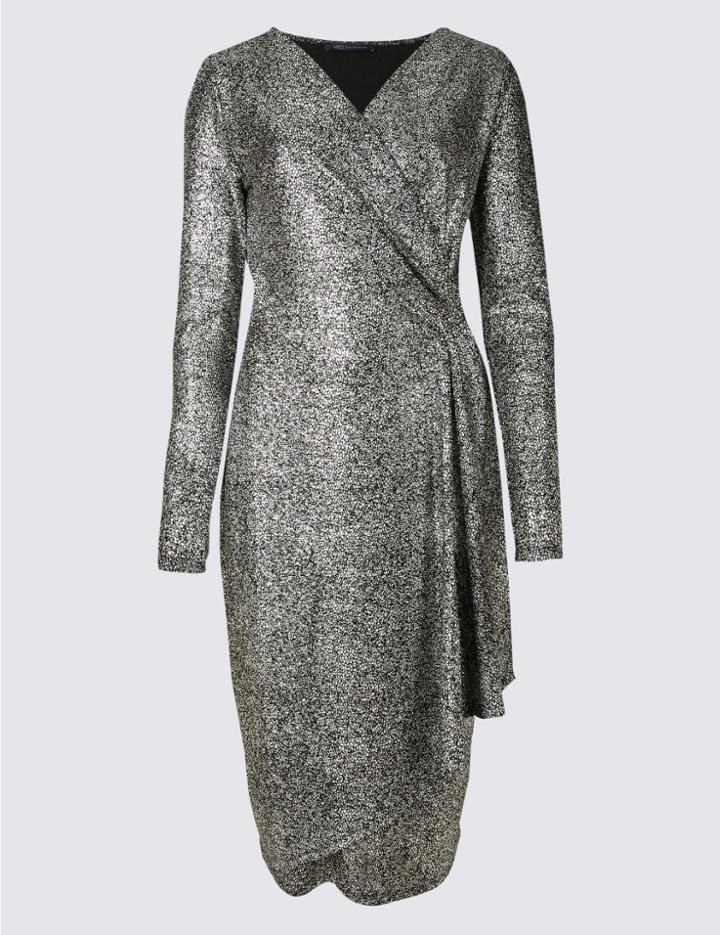 Marks & Spencer Crackle Drape Long Sleeve Wrap Midi Dress Silver