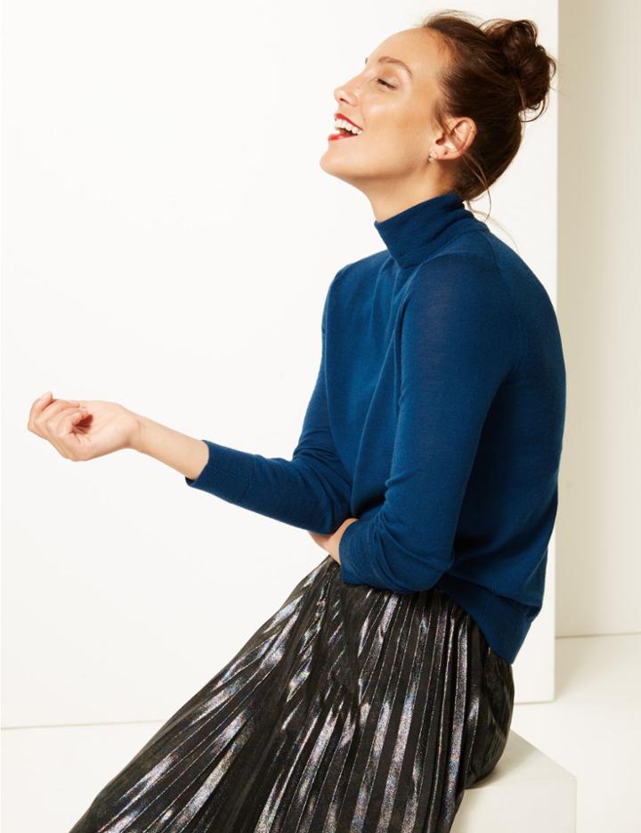 Marks & Spencer Pure Merino Wool Roll Neck Jumper Dark Marine