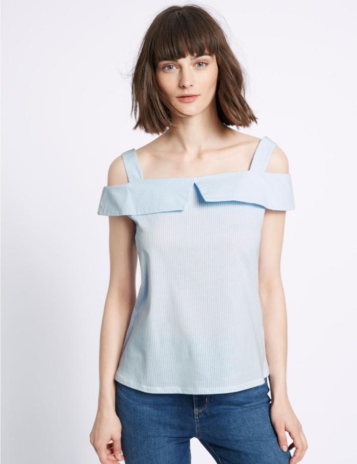 Marks & Spencer Pure Cotton Striped Short Sleeve Bardot Top Pink Mix