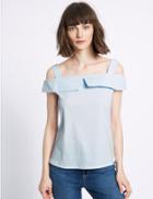 Marks & Spencer Pure Cotton Striped Short Sleeve Bardot Top Pink Mix