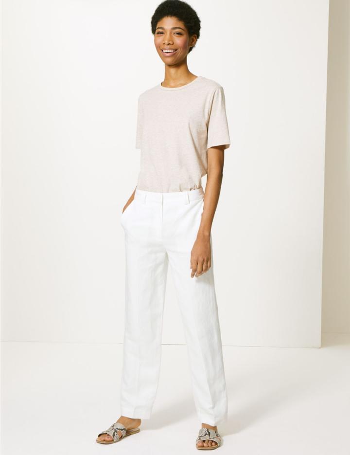 Marks & Spencer Relaxed Straight Linen Blend Trousers Winter White