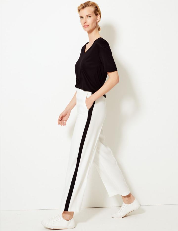 Marks & Spencer Crepe Side Stripe Wide Leg Trousers White Mix