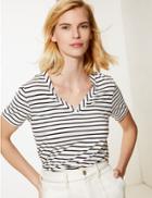 Marks & Spencer Striped V-neck Short Sleeve T-shirt Black Mix