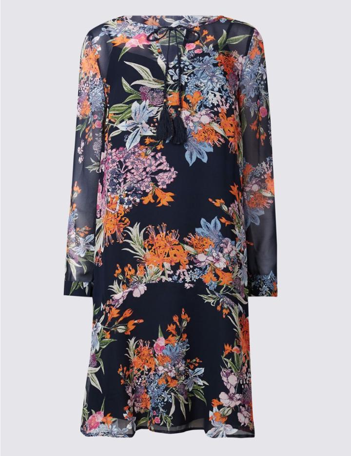 Marks & Spencer Floral Print Long Sleeve Shift Dress Orange Mix