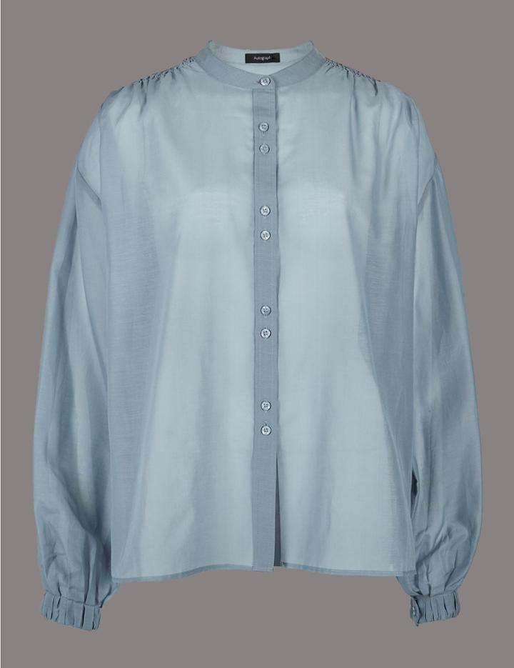 Marks & Spencer Cotton Rich Round Neck Long Sleeve Shirt Blue/grey