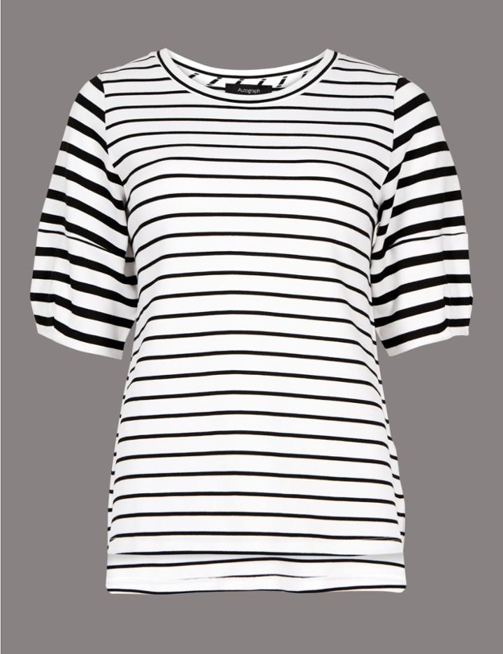 Marks & Spencer Striped Round Neck Short Sleeve Top White Mix