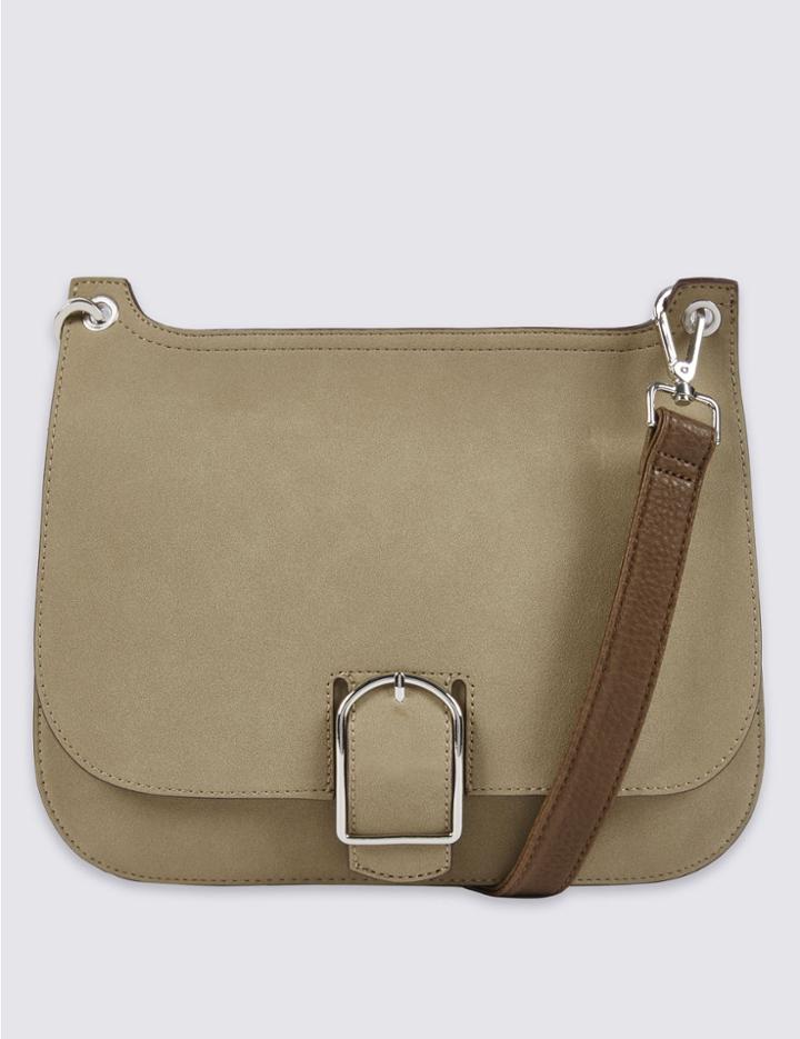 Marks & Spencer Faux Leather Buckle Saddle Across Body Bag Grey Mix