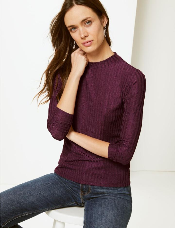 Marks & Spencer Shimmer Ribbed Round Neck Long Sleeve Top Burgundy