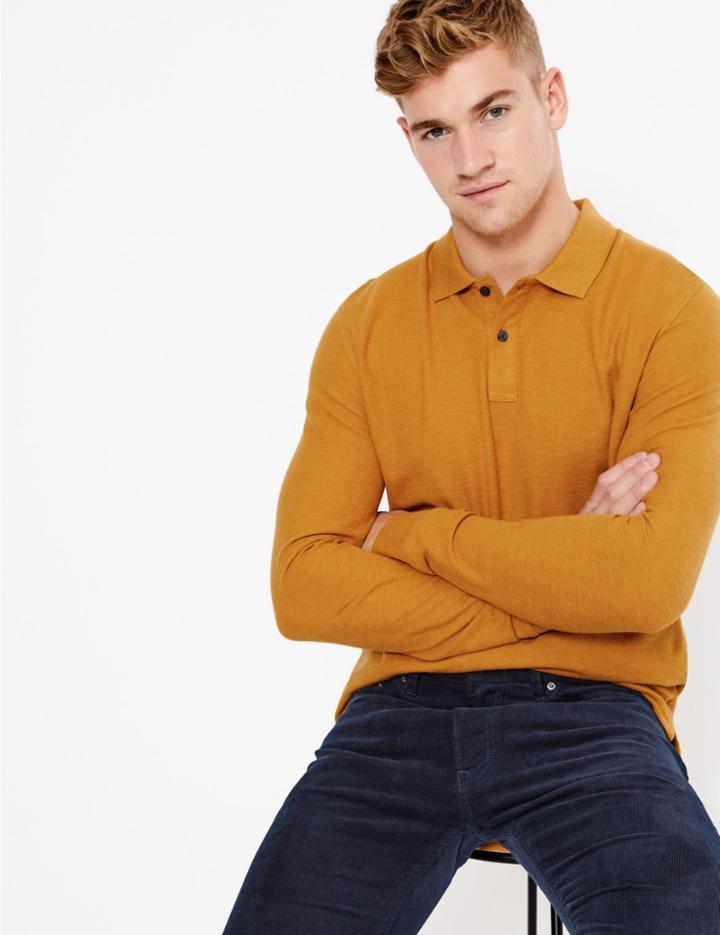 Marks & Spencer Cotton Long Sleeve Polo Shirt Ochre