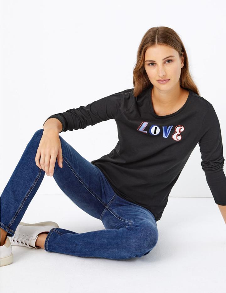 Marks & Spencer Pure Cotton Love Straight Fit T-shirt Black Mix