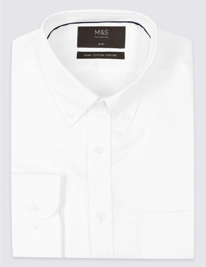 Marks & Spencer Pure Cotton Slim Fit Oxford Shirt With Pocket White