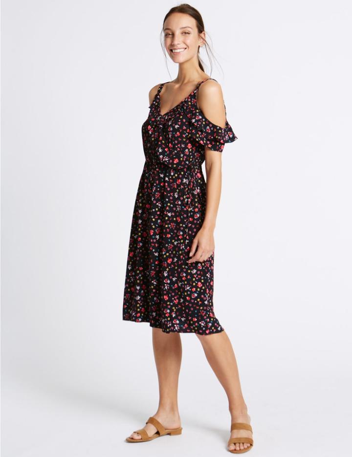 Marks & Spencer Floral Print Ruffle Wrap Shift Dress Black Mix