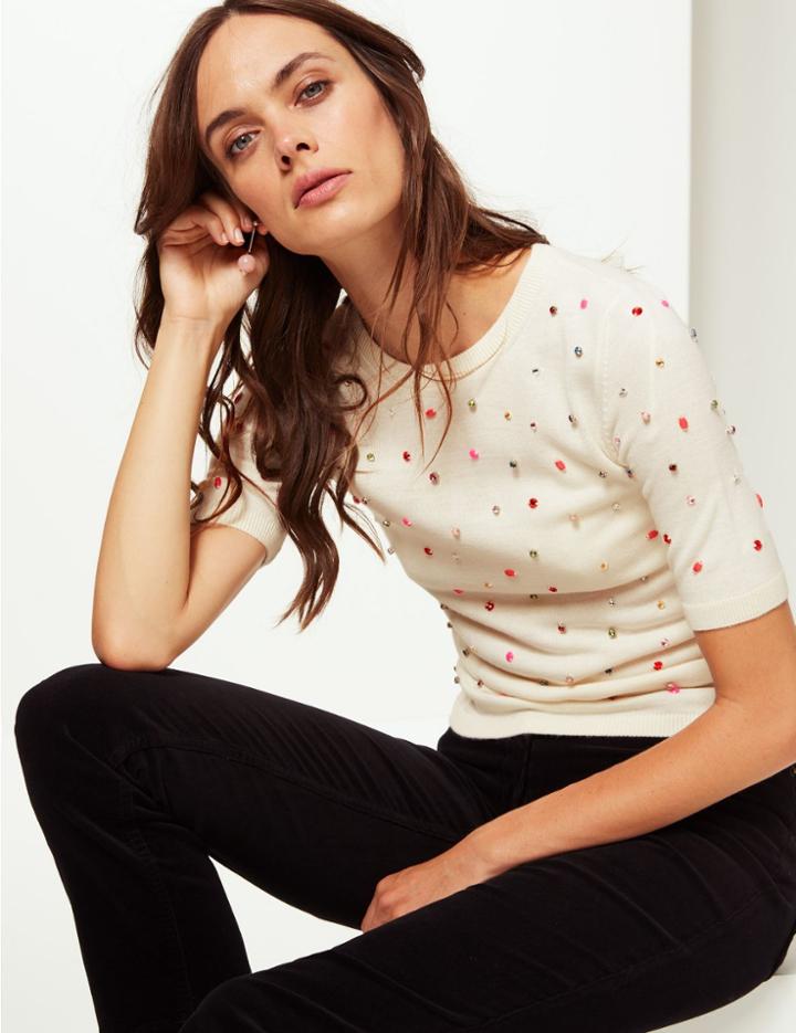 Marks & Spencer Embellished Round Neck Half Sleeve Jumper Soft White