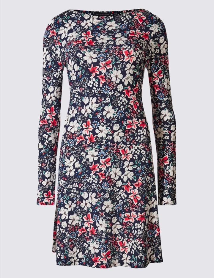 Marks & Spencer Petite Floral Print Skater Dress Blue Mix