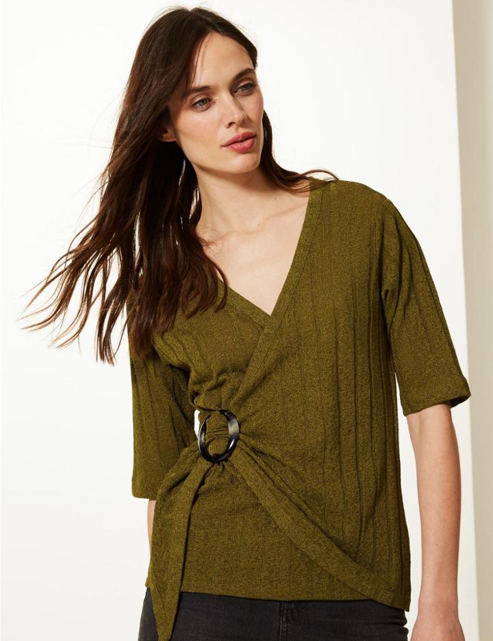 Marks & Spencer Textured Shimmer Short Sleeve Wrap Top Khaki