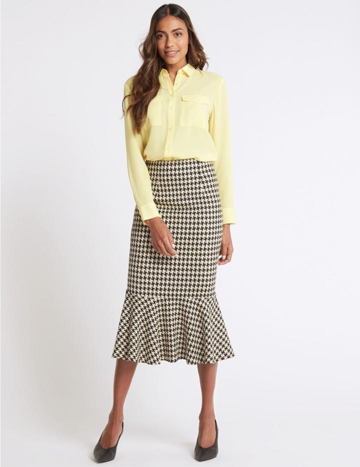 Marks & Spencer Dogtooth Check Fishtail Midi Skirt Black Mix