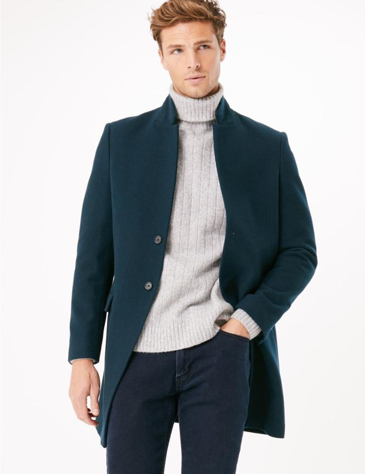 Marks & Spencer Wool Notched Collar Overcoat Petrol