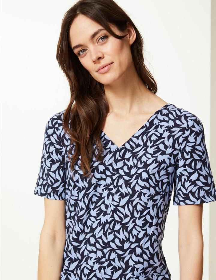 Marks & Spencer Leaf Print Patch Pocket Shift Dress Navy Mix