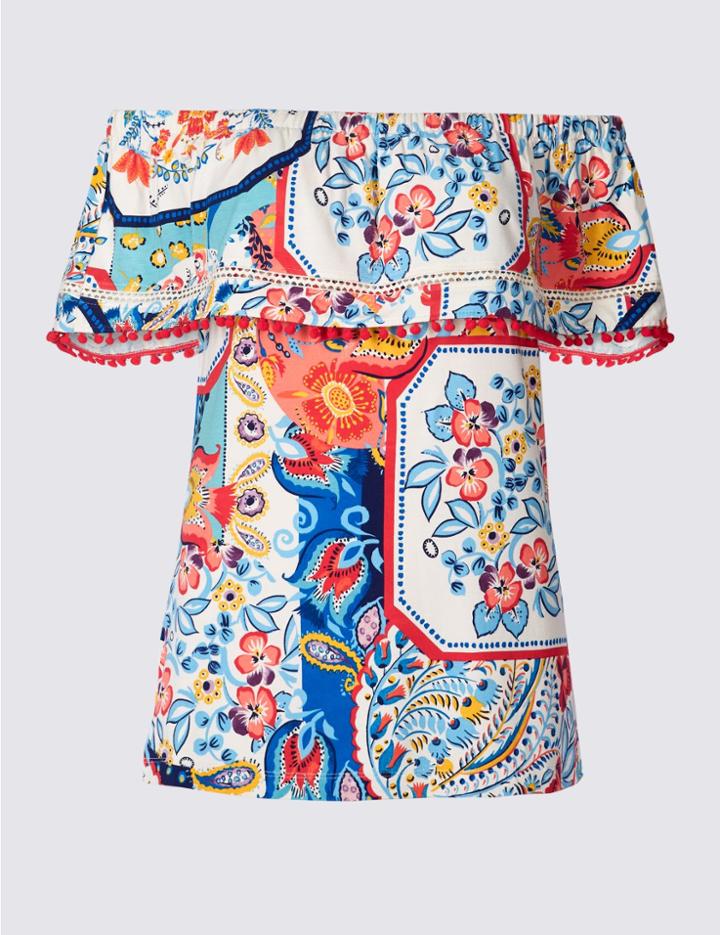 Marks & Spencer Floral Print Short Sleeve Pom-pom Bardot Top Ivory Mix