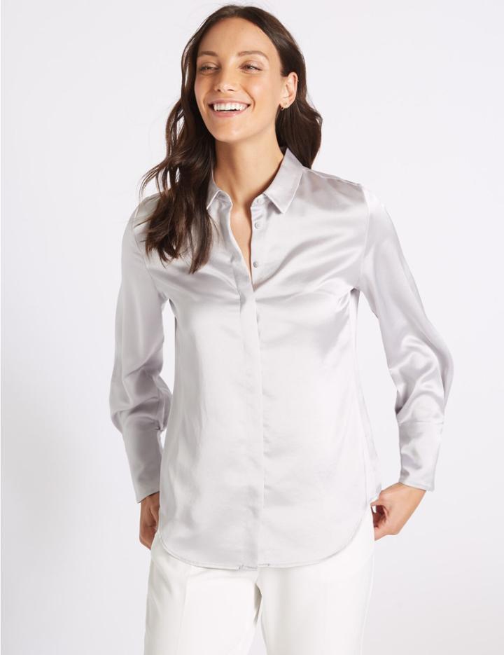 Marks & Spencer Satin Long Sleeve Shirt Silver