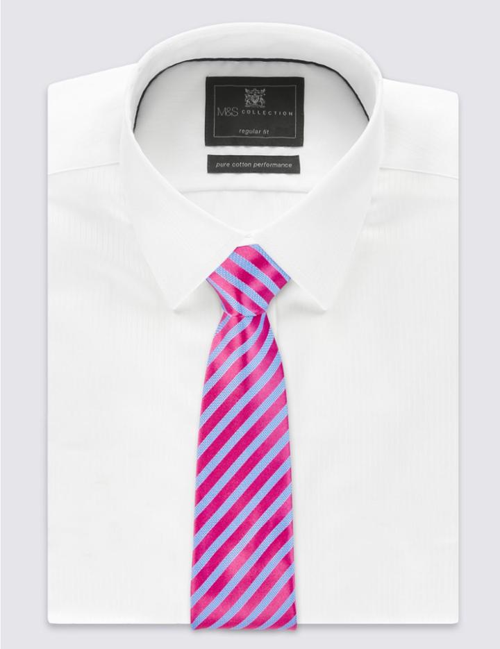 Marks & Spencer Pure Silk Striped Tie Magenta Mix
