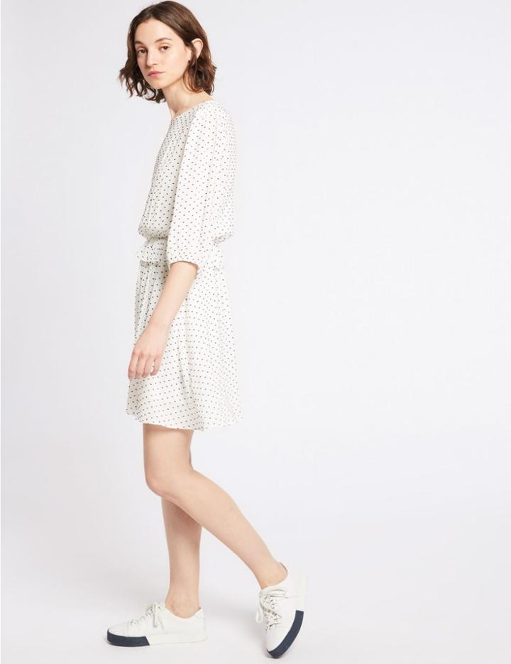 Marks & Spencer Spotted 3/4 Sleeve Tea Mini Dress Ivory