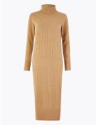 Marks & Spencer Pure Cashmere Ribbed Knitted Dress Camel