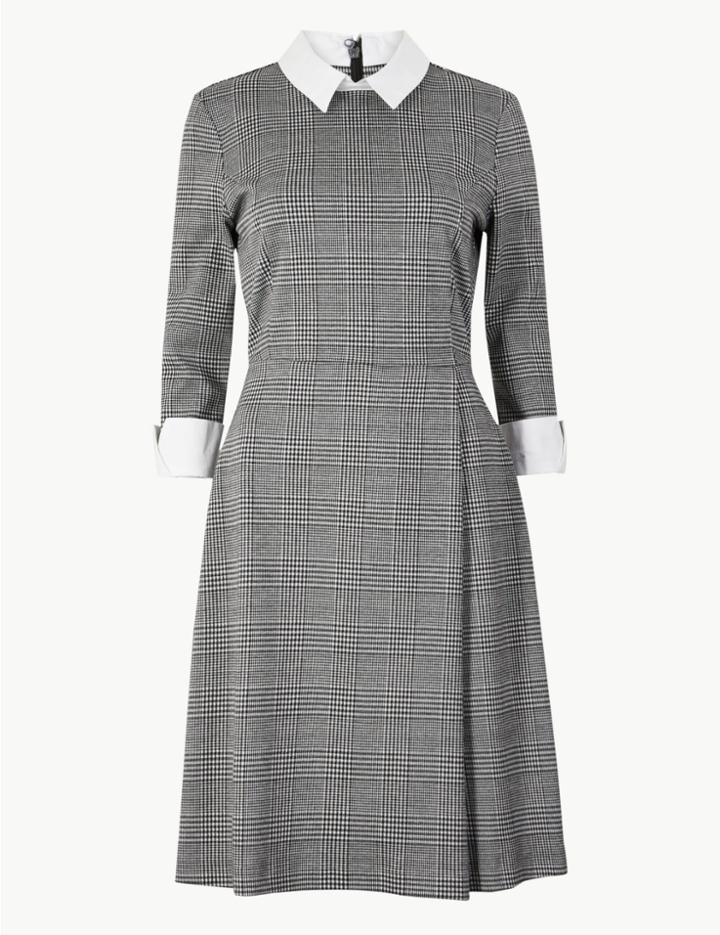 Marks & Spencer Checked Midi Fit And Flare Dress Black Mix