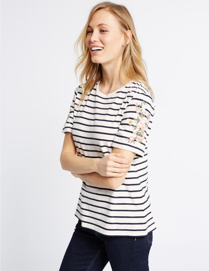Marks & Spencer Pure Cotton Border Embroidered T-shirt Ivory Mix