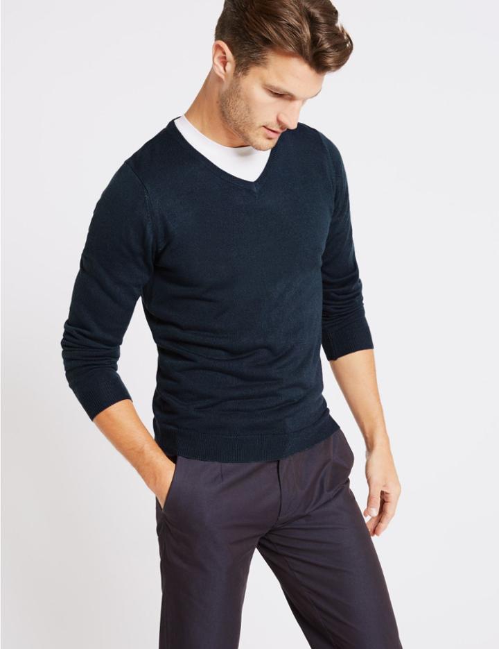 Marks & Spencer Cashmilon&trade; V-neck Jumper Navy Mix