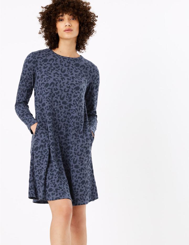 Marks & Spencer Animal Print Ribbed Swing Dress Navy Mix