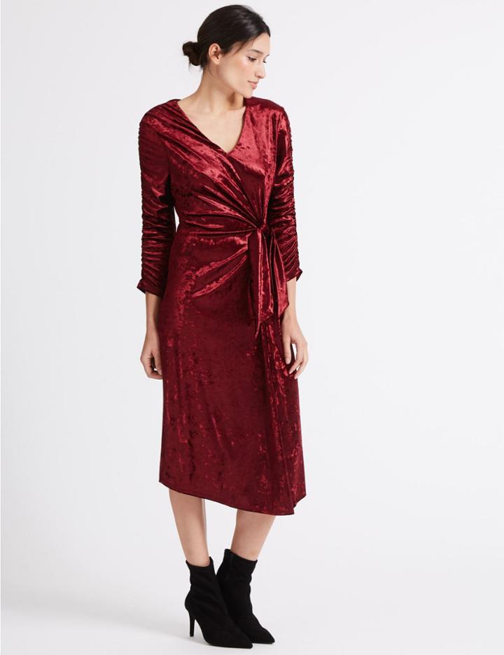Marks & Spencer Tie Twisted Velvet Bodycon Midi Dress Red