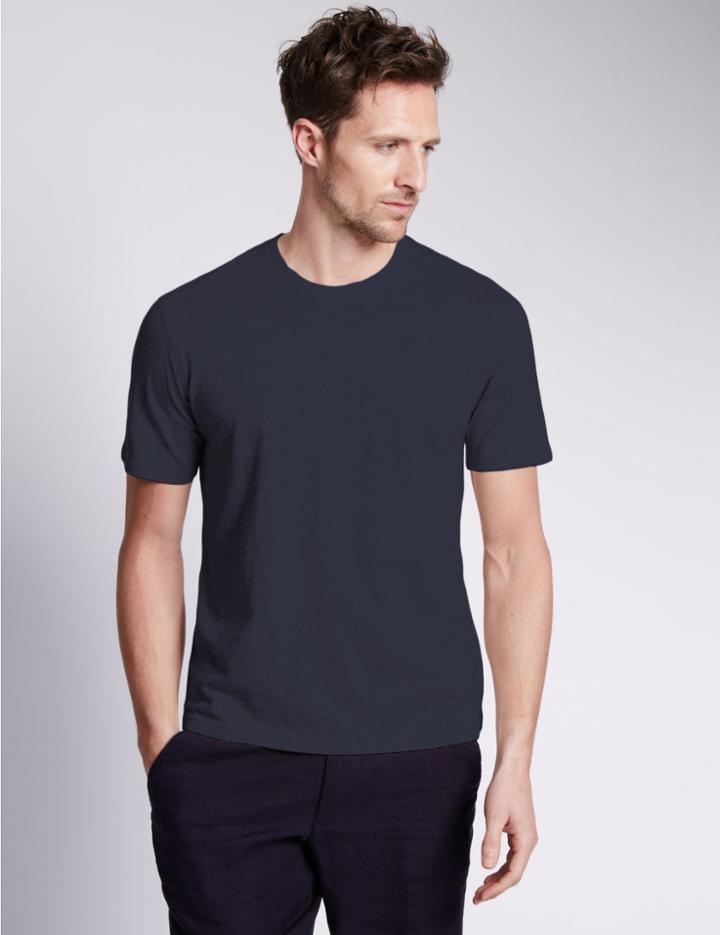 Marks & Spencer Pure Cotton Slim Fit T-shirt With Staynew&trade; Med Blue Denim