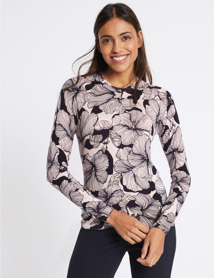Marks & Spencer Floral Print Round Neck Cardigan Pink Mix