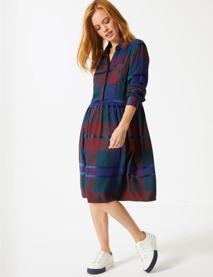 Marks & Spencer Petite Checked Long Sleeve Drop Waist Dress Multi
