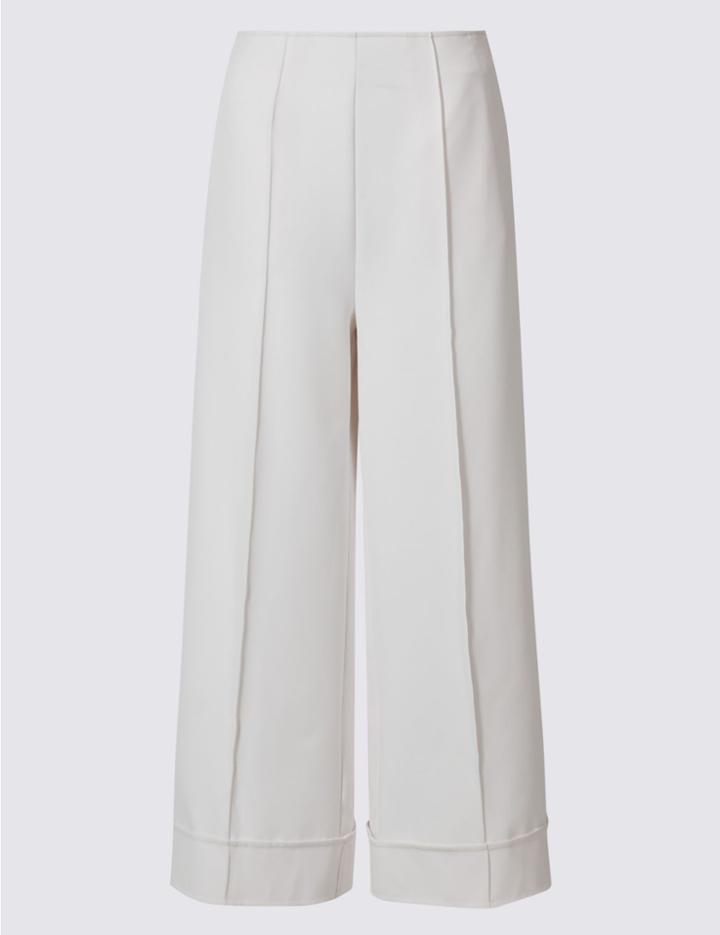 Marks & Spencer Pleated Wide Leg Cropped Trousers Ivory