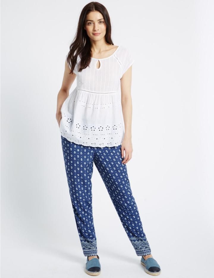 Marks & Spencer Craftwork Print Tapered Leg Trousers Navy Mix