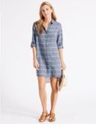Marks & Spencer Pure Cotton Dipped Hem Striped Shirt Dress Chambray