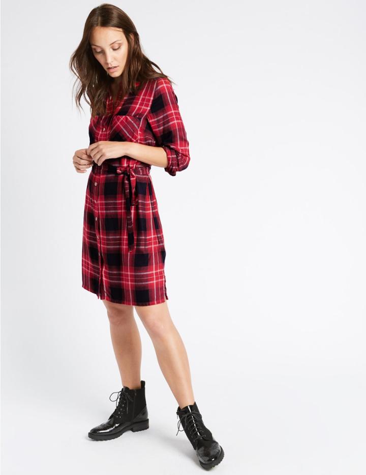 Marks & Spencer Checked Long Sleeve Fuller Bust Shirt Dress Red