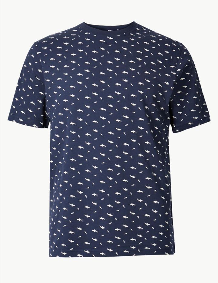 Marks & Spencer Pure Cotton Shark Print T-shirt Navy Mix