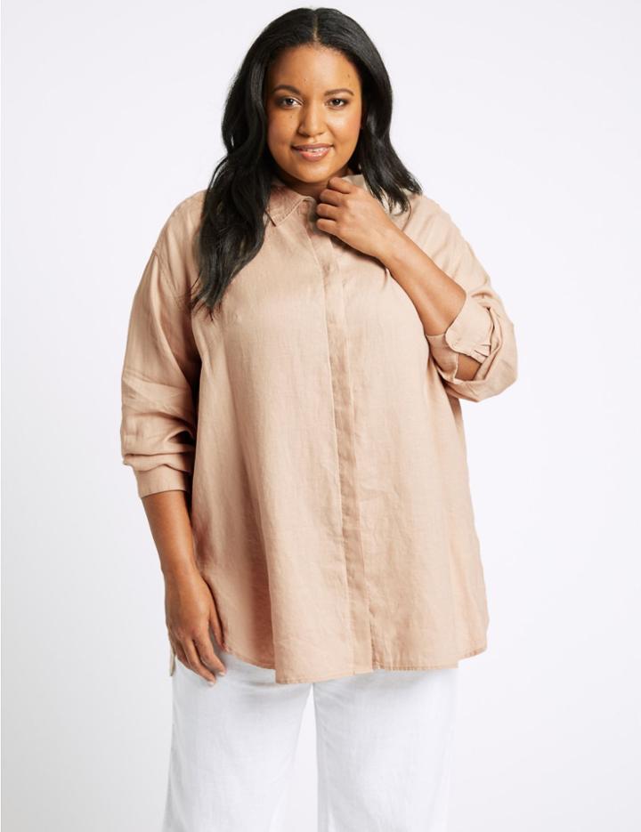 Marks & Spencer Curves Pure Linen 3/4 Sleeve Shirt Neutral