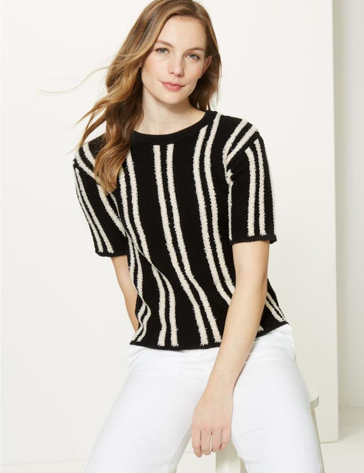 Marks & Spencer Textured Short Sleeve Knitted Top Black Mix