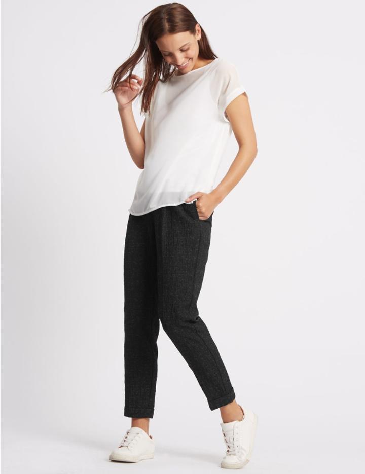 Marks & Spencer Textured Tie Waist Tapered Leg Trousers Black