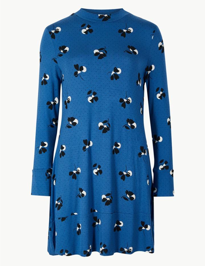 Marks & Spencer Petite Floral Print Long Sleeve Swing Dress Blue Mix
