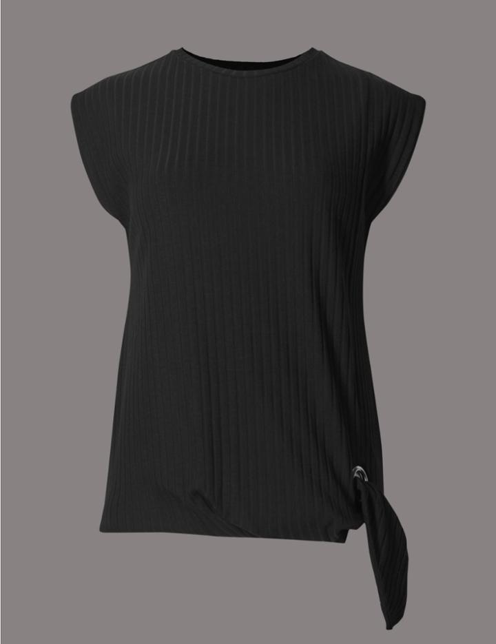 Marks & Spencer Eyelet Rib Tie Short Sleeve Jersey Top Black