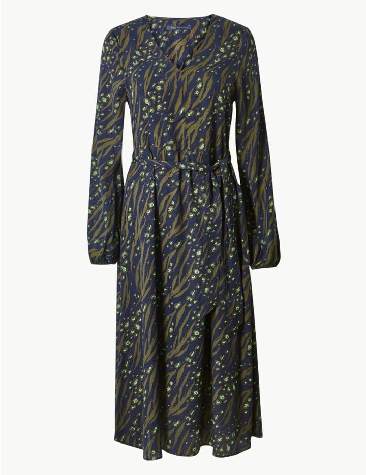 Marks & Spencer Printed Long Sleeve Waisted Midi Dress Black Mix