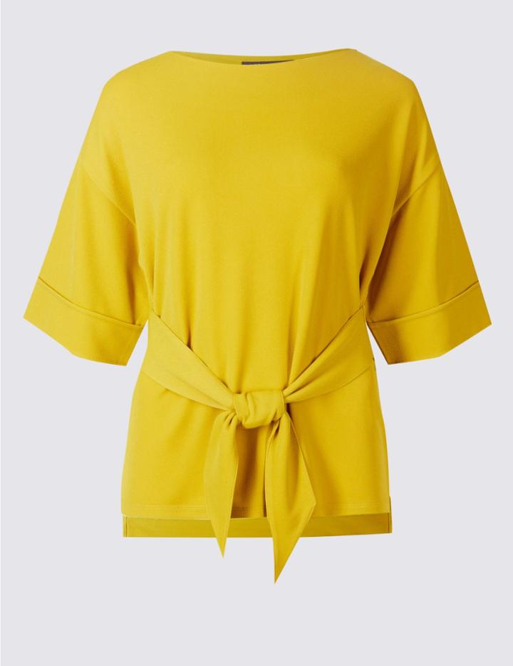 Marks & Spencer Tie Front Round Neck Half Sleeve T-shirt Ochre