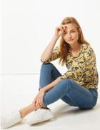 Marks & Spencer Floral Print Round Neck 3/4 Sleeve T-shirt Yellow Mix
