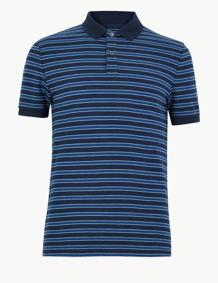 Marks & Spencer Cotton Striped Polo Shirt Navy Mix
